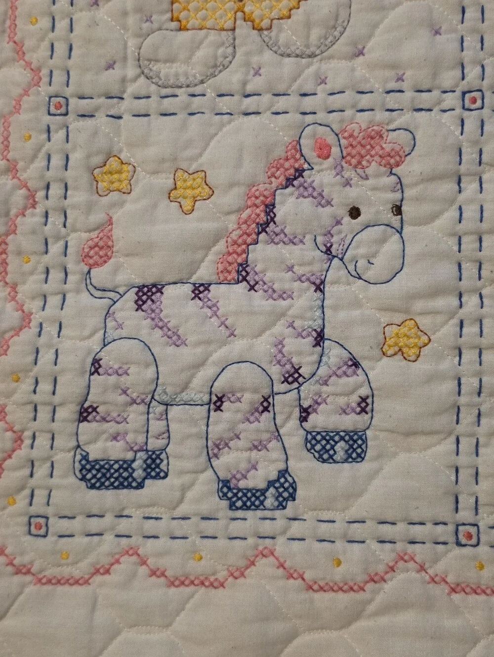 2009 Completed Bucilla Plaid Babies Are Precious Cross Stitch Baby Blanket